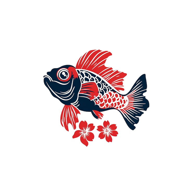 PSD elegante pez koi con flores de cerezo diseño acuático de estilo japonés