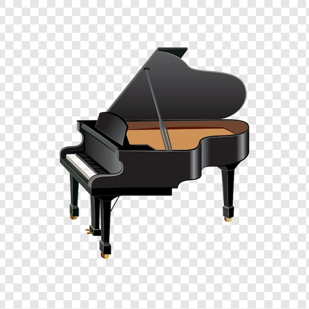 Elegante piano de cola negro para conciertos y actuaciones aislado sobre un fondo transparente