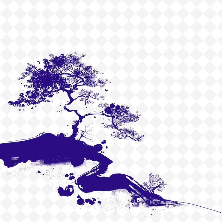 PSD elegante pintura japonesa en tinta negra y blanca mostrada en un diseño de ilustración plana de contorno png