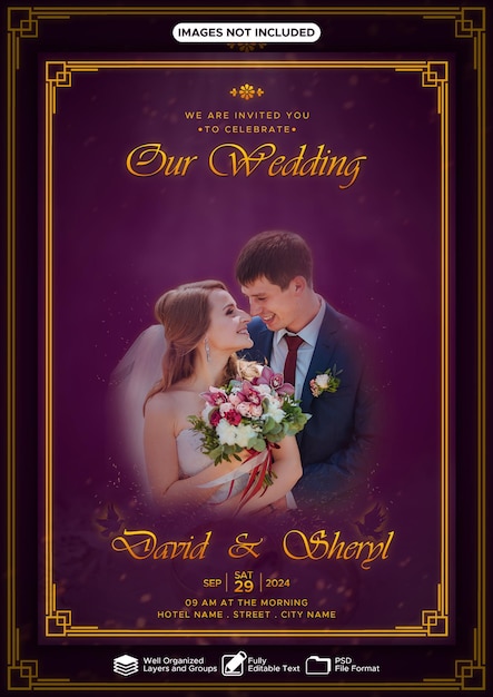 Elegante plantilla de diseño de portada de invitación de boda PSD con color de fondo púrpura