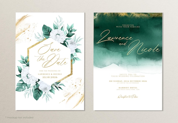 Elegante plantilla de invitación de boda en acuarela con decoración floral y de hojas