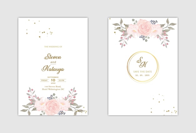 Elegante plantilla de invitación de boda con flor morada psd premium