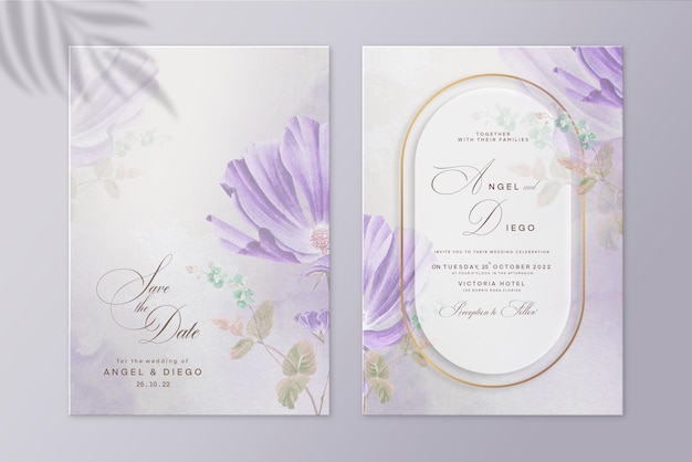 elegante plantilla de invitación de boda con flor púrpura