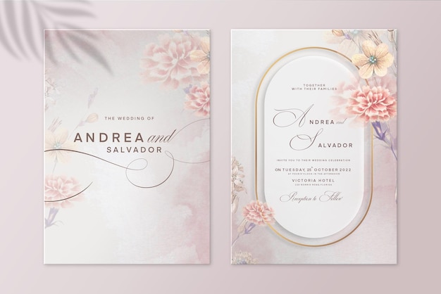 elegante plantilla de invitación de boda con flor rosa