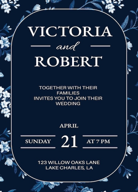 Elegante plantilla de invitación de boda floral azul para el PSD