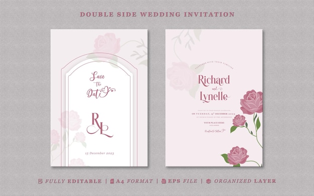 PSD elegante plantilla de invitación de boda con flores y hojas