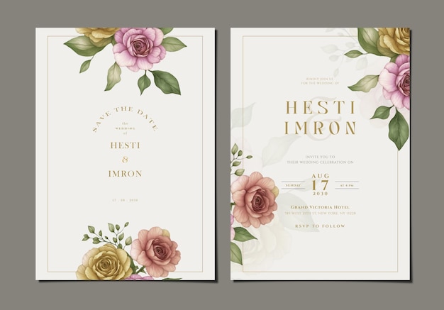 PSD elegante plantilla de invitación de boda con flores