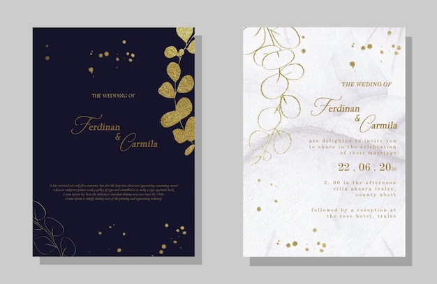 Elegante plantilla de invitación de boda con hojas psd