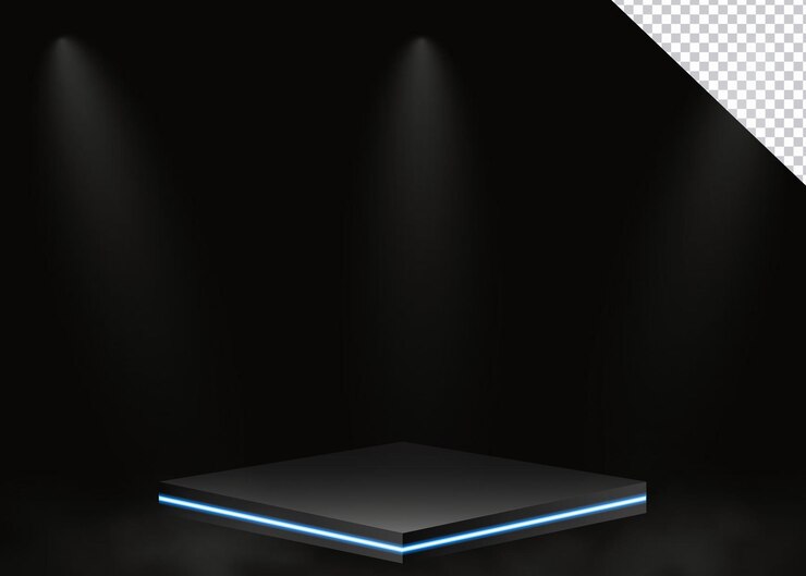 PSD elegante podio negro con luces de acento azul y focos
