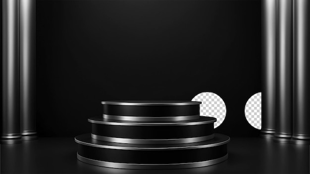 Elegante podio redondo negro con borde de cinta de metal plateado fondo PNG transparente