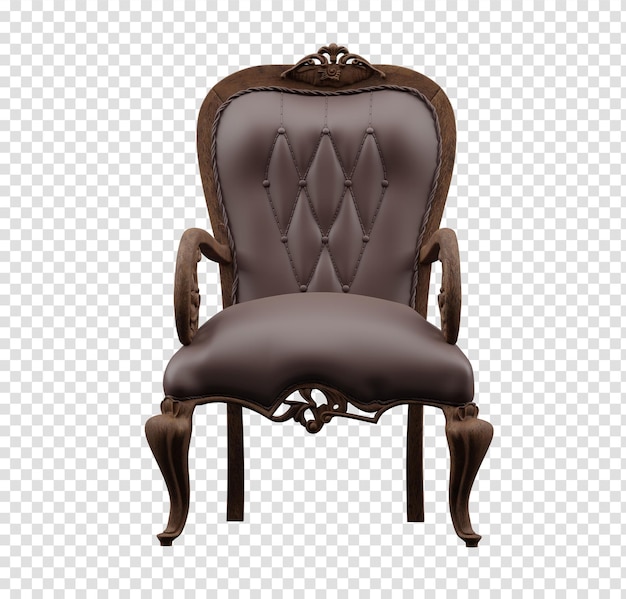 Elegante poltrona de couro castanho com detalhes ornamentados de madeira