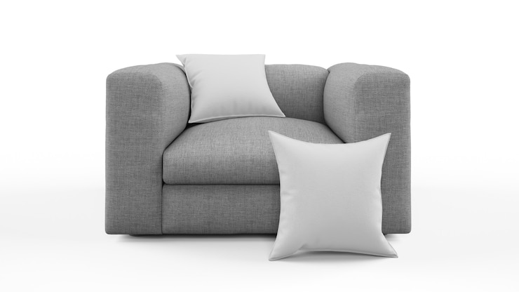 PSD elegante poltrona grigia con cuscino isolato