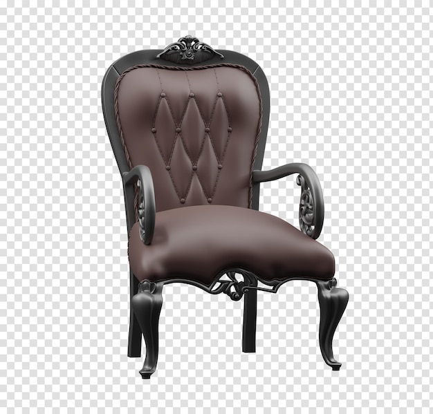 Elegante poltrona in pelle marrone con dettagli in legno ornamentati