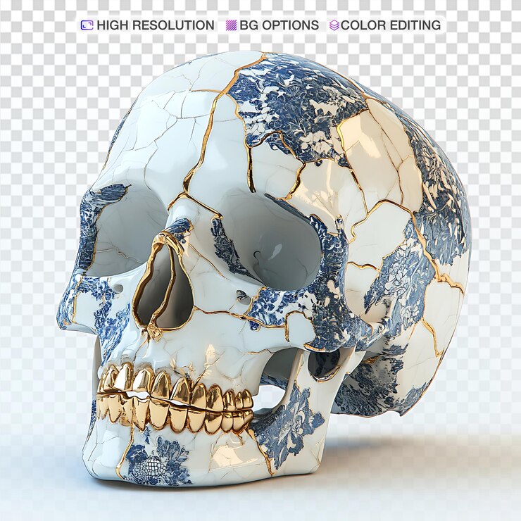 PSD elegante porcelana de la calavera de kintsugi en azul y blanco