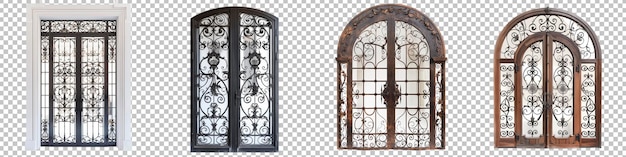 PSD elegante porta francesa com ornamentos de ferro forjado e vidro biselado isolado em fundo transparente