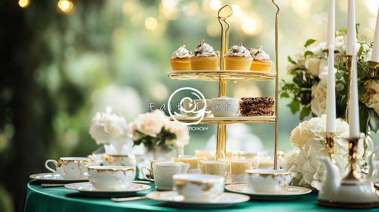 PSD elegante preparación de la fiesta de té al aire libre con pasteles, tazas de té y decoraciones florales