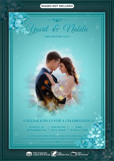 PSD elegante psd-hochzeitseinladungs-cover-design-vorlage mit kastanienbraunem farbhintergrund