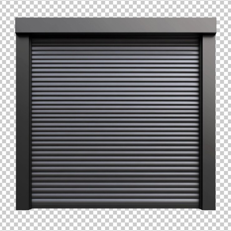 PSD una elegante puerta de garaje de rodillos moderna de color gris neutro con pizarras horizontales lisas aisladas en un fondo transparente para resaltar sus líneas limpias
