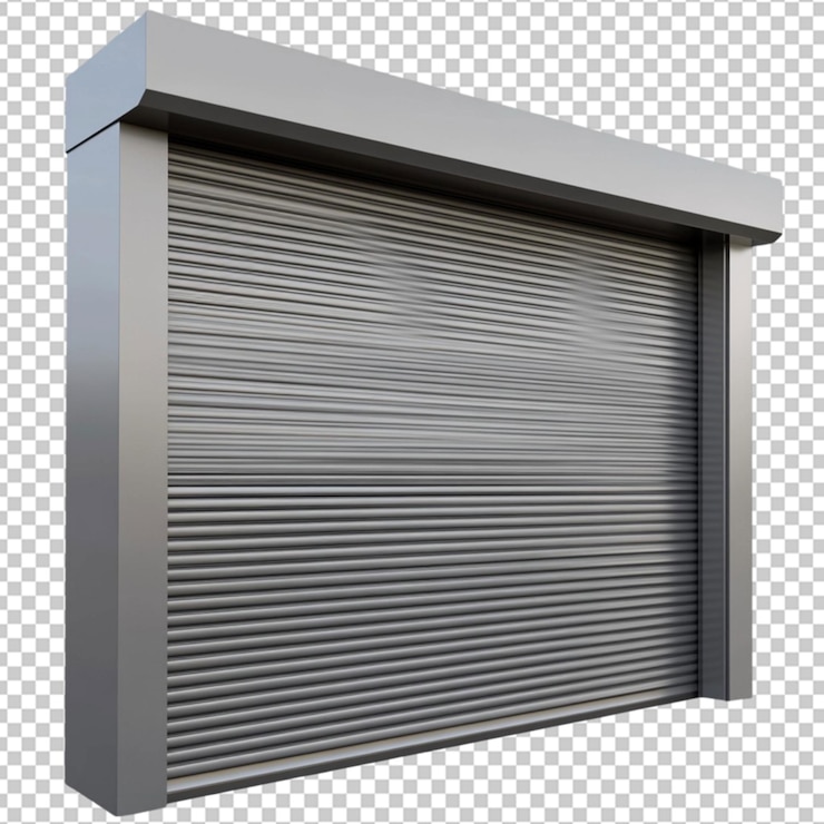 PSD una elegante puerta de garaje de rodillos moderna de color gris neutro con pizarras horizontales lisas aisladas en un fondo transparente para resaltar sus líneas limpias