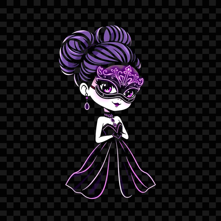 PSD elegante ragazza chibi con elegante abito da ballo updo mascherata maschera neon viola e argento