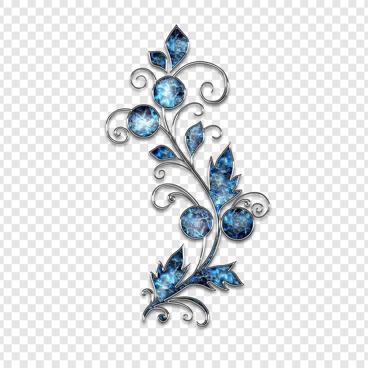 Elegante rama de plata con piedras preciosas y hojas azules