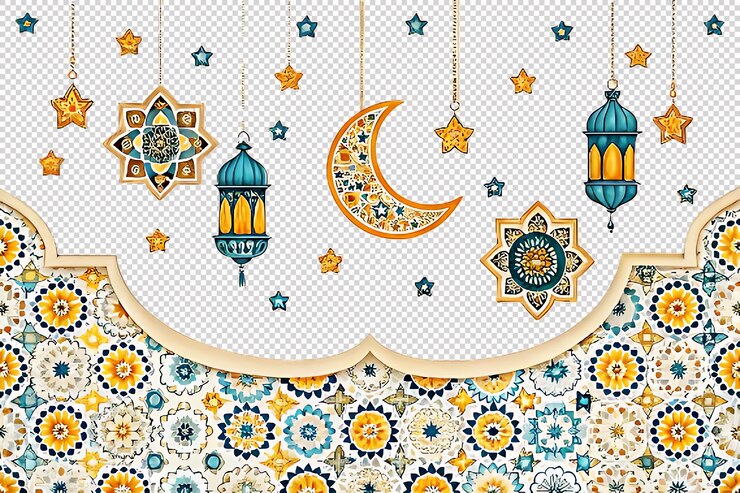 Elegante Ramadán Kareem Fondo con linternas doradas Media luna y mezquita PNG transparente