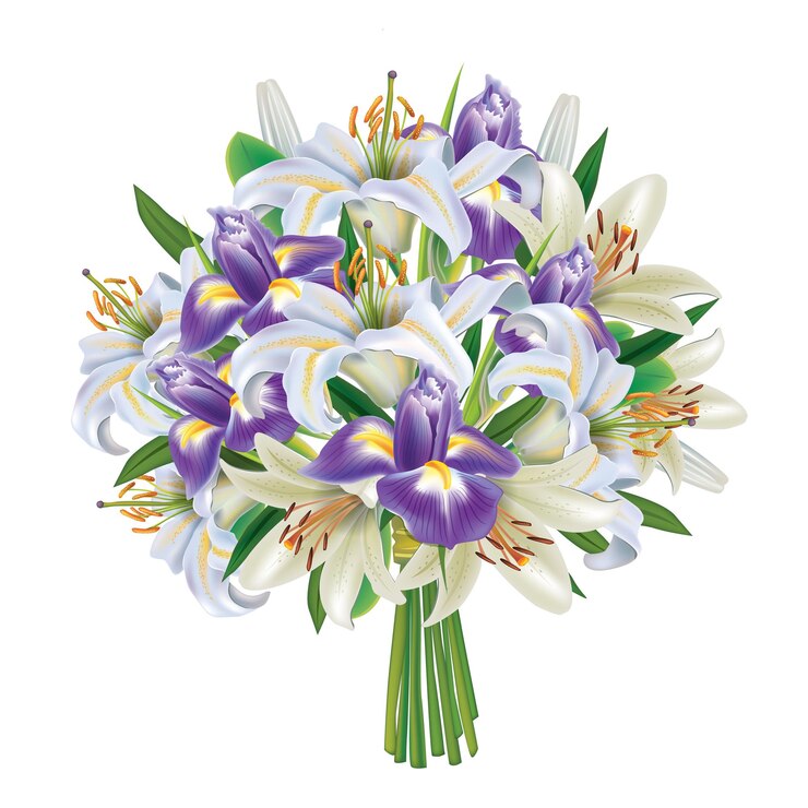 PSD elegante ramo de lirios blancos y iris púrpuras