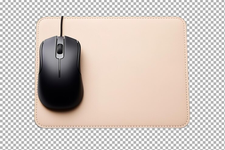 PSD un elegante ratón de computadora negro relajándose en una almohadilla de ratón beige minimalista en un elegante espacio de trabajo aislado en un fondo transparente png