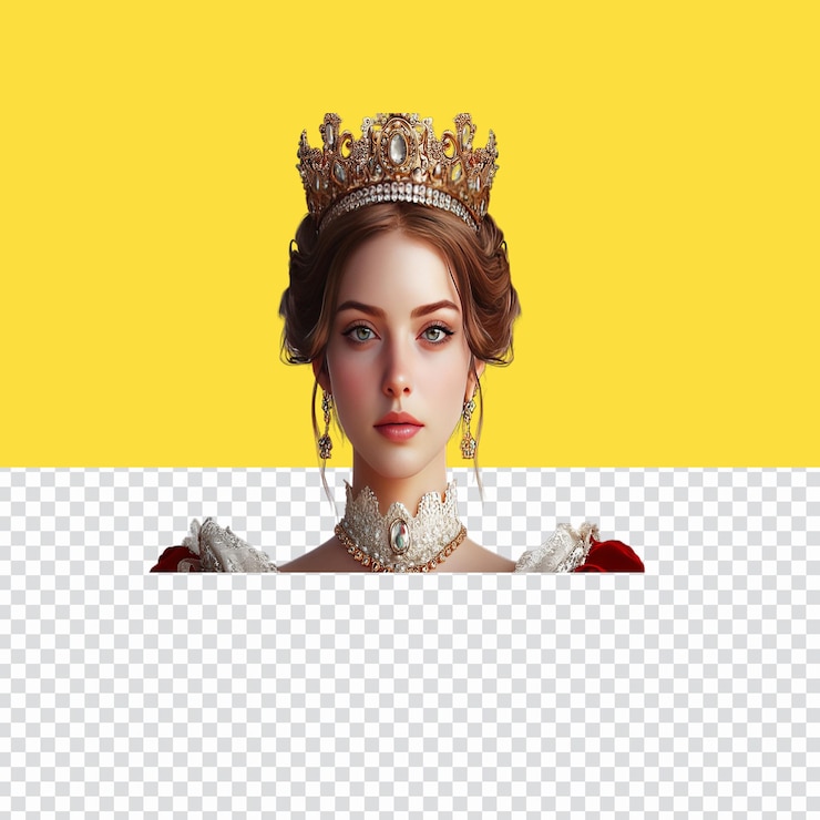 PSD élégante reine blonde médiévale en robe royale et couronne d'or portrait d'atelier sur fond blanc