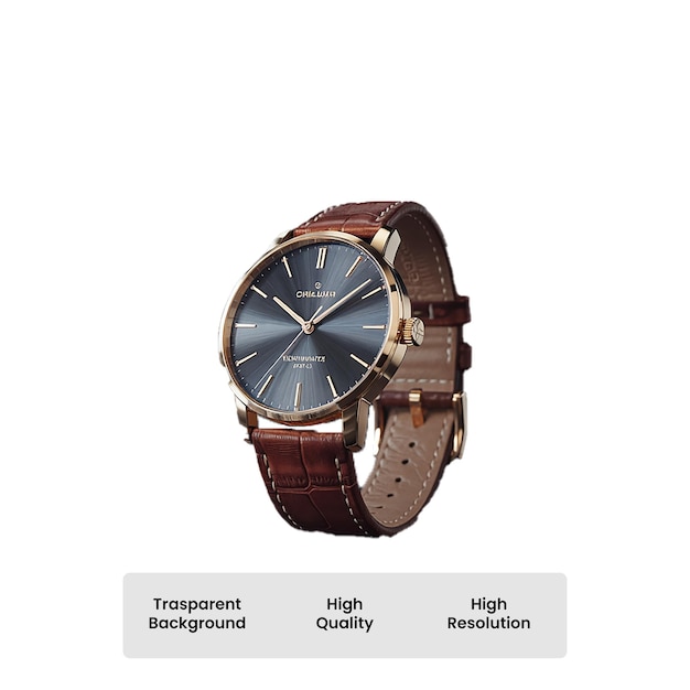 Elegante reloj de pulsera de oro con esfera azul y correa de cuero