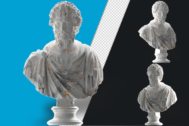 Elegante rendering 3D della statua dell'imperatore romano in marmo bianco e oro per abbigliamento e copertine di album