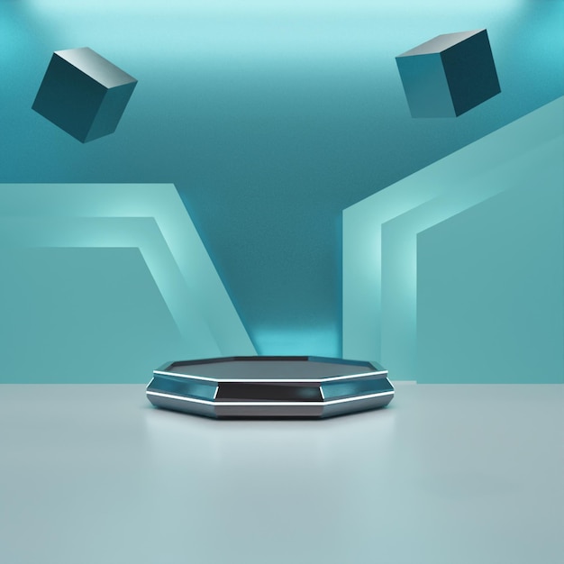 Elegante rendering 3D podio nero vuoto su sfondo blu