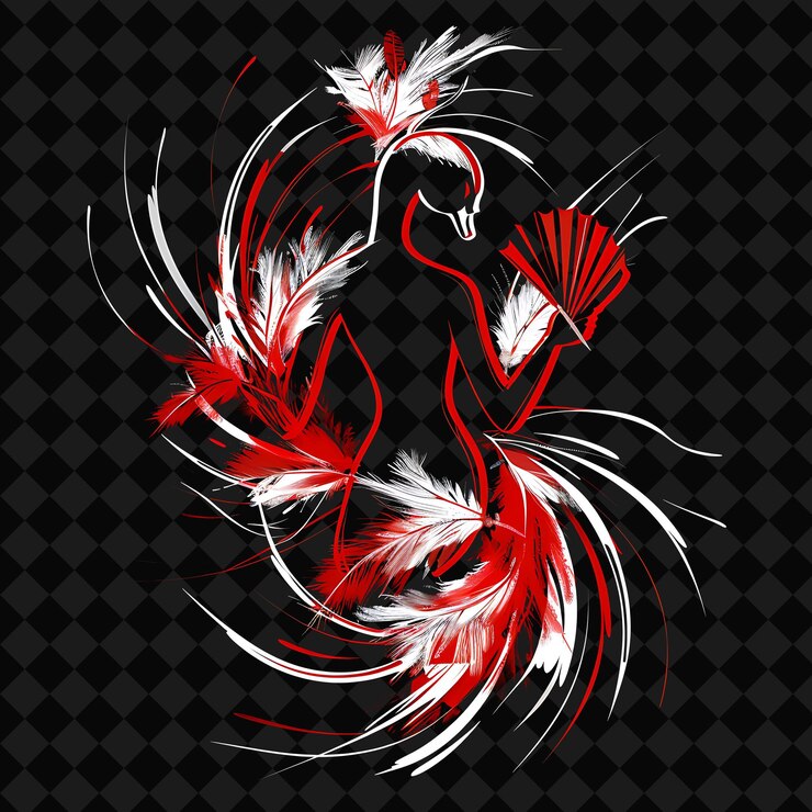 PSD el elegante retrato de la bailarina del cisne sosteniendo un abanico con un gracioso personaje guerrero animal.