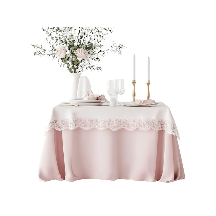 PSD elegante romantische tischgestaltung mit rosa tischdecken und blumenarrangement