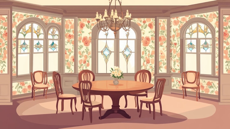 PSD elegante sala da pranzo con carta da parati floreale tavolo e sedie in legno e finestre ad arco
