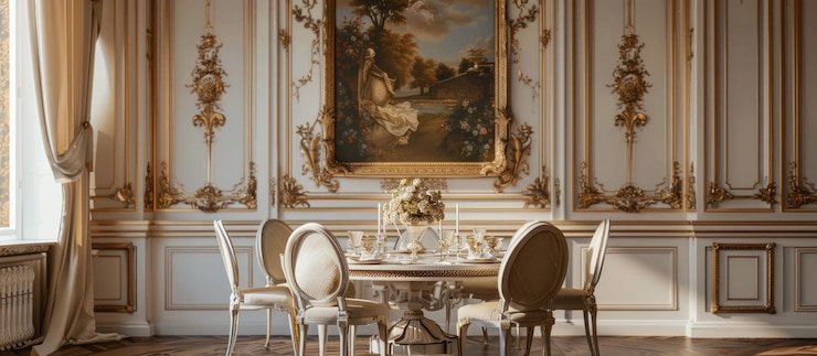 PSD elegante sala da pranzo con pareti bianche ornate d'oro e un grande dipinto sopra il tavolo