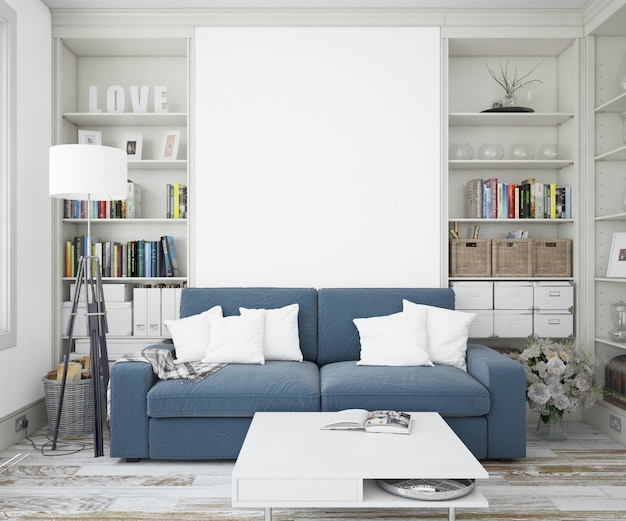 elegante sala de estar com sofá e parede de maquete
