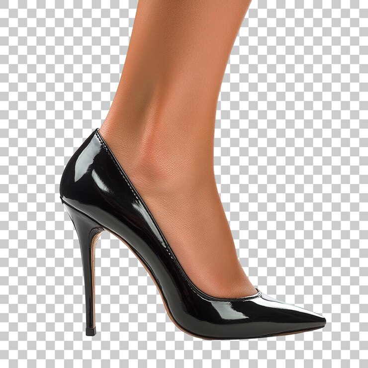 PSD elegante sapato preto de salto alto com ponta pontiaguda e calcanhar fino usado por uma modelo
