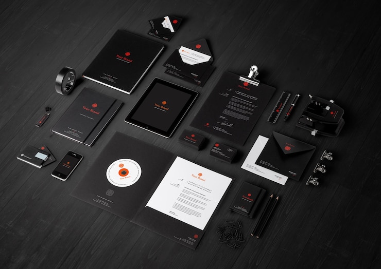 PSD elegante schwarz-rote firmenidentitätsmockup