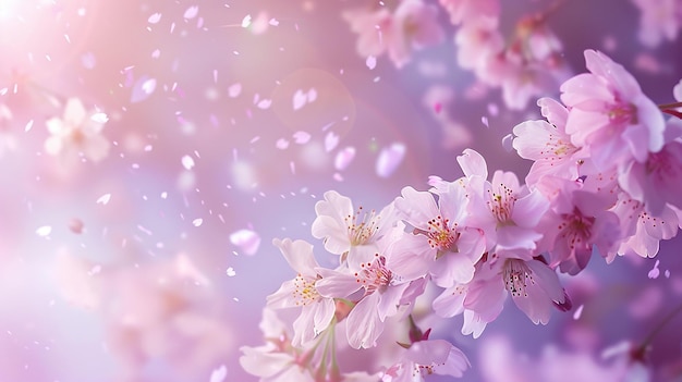 Elegante sfondo primaverile con fiori di ciliegio in fiore e petali volanti