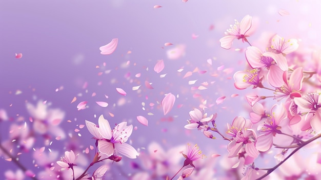 Elegante sfondo primaverile con fiori di ciliegio in fiore e petali volanti
