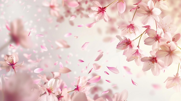 Elegante sfondo primaverile con fiori di ciliegio in fiore e petali volanti