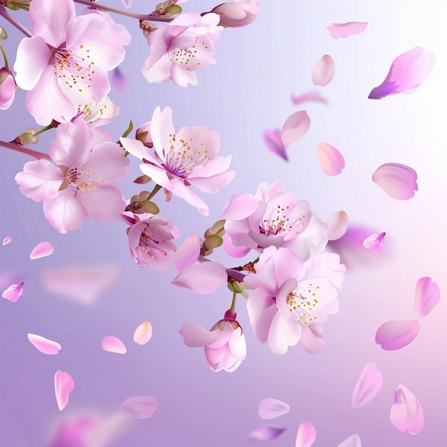 Elegante sfondo primaverile con fiori di ciliegio in fiore e petali volanti