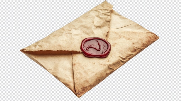 Elegante sobre de papel pequeño con un sello de cera tradicional aislado para su uso en invitaciones, tarjetas de felicitación o correspondencia romántica