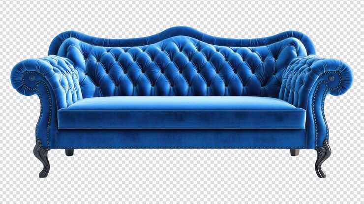 PSD elegante sofá de veludo azul com design tufted e apoios de braço curvos perfeito para decoração de sala de estar e conforto em um cenário elegante