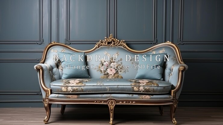 PSD elegante sofá floral de época con marco dorado