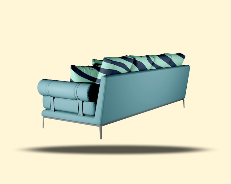 PSD elegante sofá moderno de azul azul con almohadas a rayas