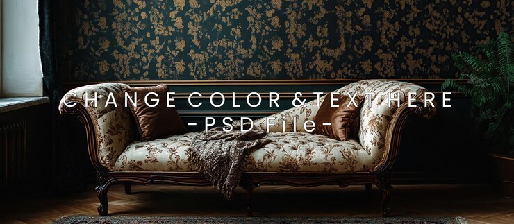 PSD elegante sofá vintage con tapicería floral y almohadas decorativas en un interior acogedor