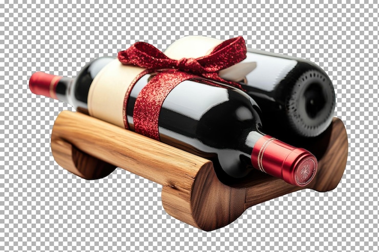 PSD elegante soporte de botella de vino que muestra dos botellas adornadas con una cinta festiva para celebraciones navideñas