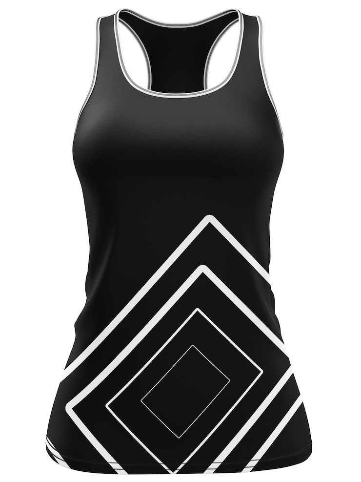 PSD elegante tank top femminile nero con disegno geometrico bianco